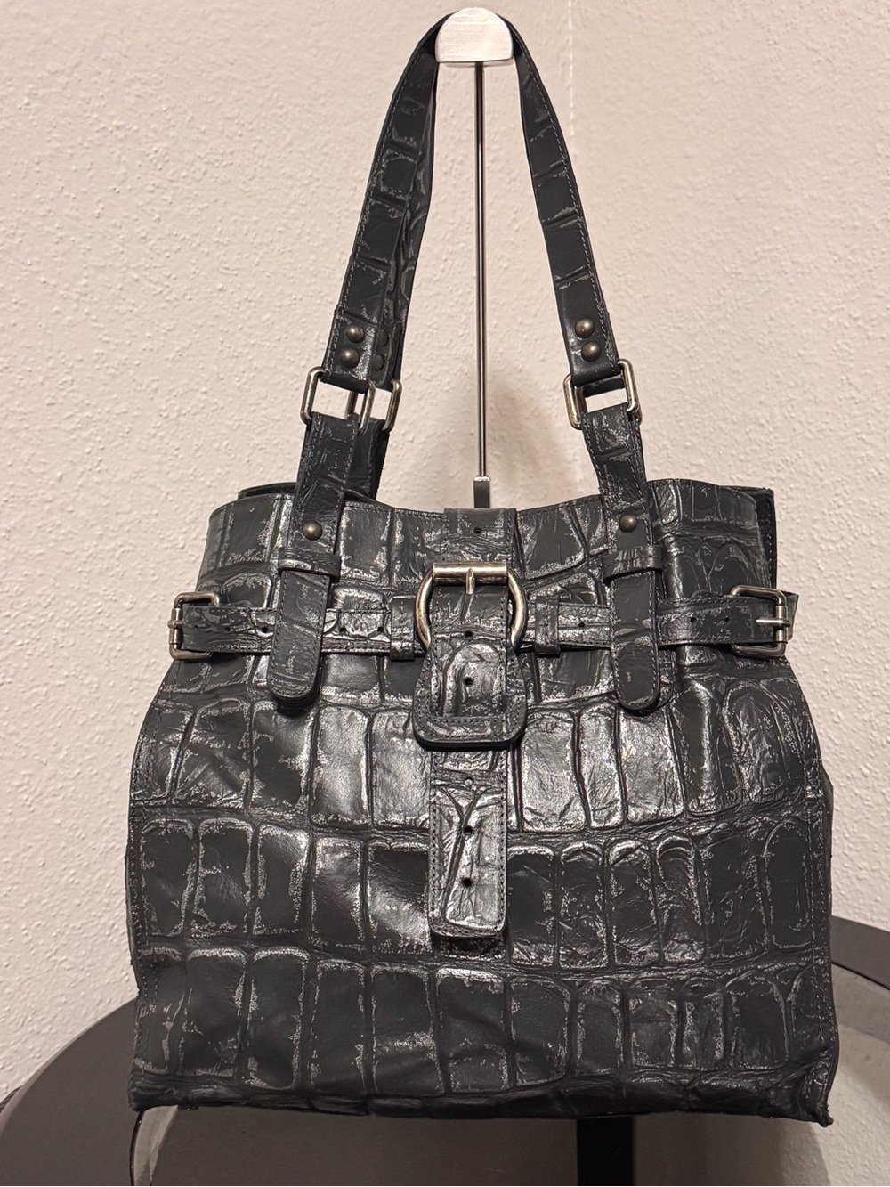 Black Croc-Embossed Leather Tote Bag with Buckle Detail